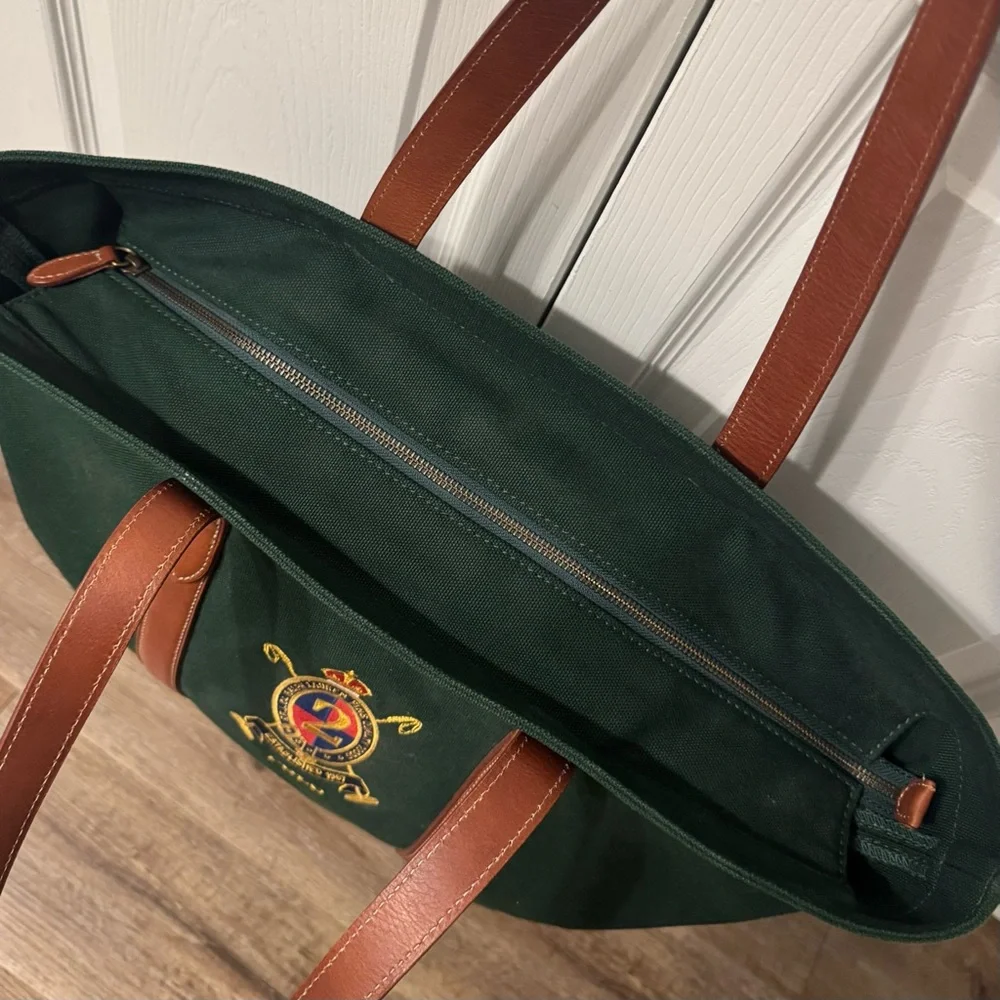 Polo by Ralph Lauren Green Canvas Tote with Brown Leather Trim - Picture 10 of 11